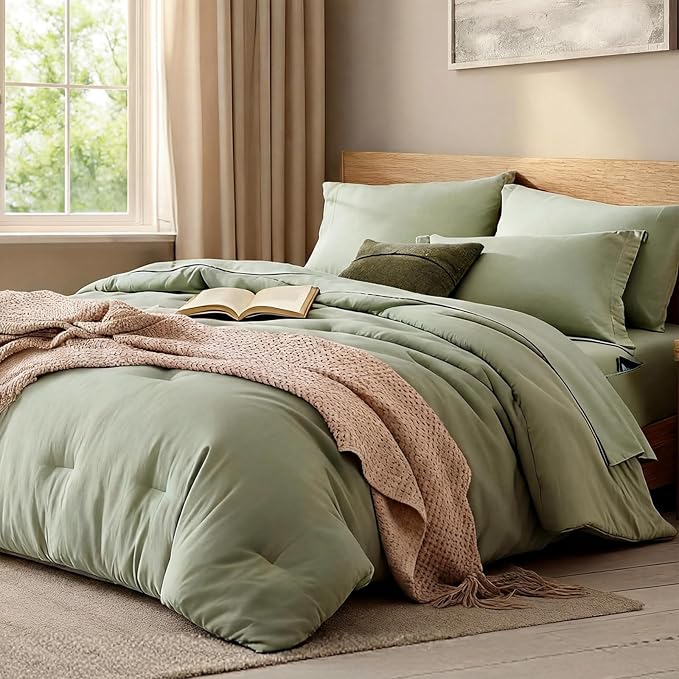 WRENSONGE Full Size Comforter Set- 7 Pieces Sage Green Bed in a Bag Full Size by WRENSONGE