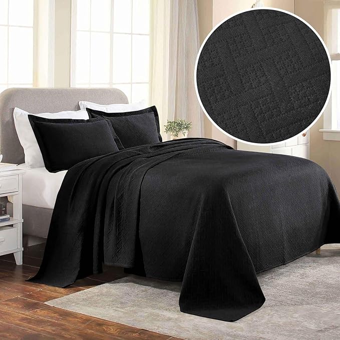 Superior 3 Piece Basketweave Cotton Bedspread Set, Home Bed Decor, Decorative Bed Spread, 2 Pillow Shams, Medium Weight Blanket, Matelasse Coverlet Bedding, Geometric Lattice Pattern, Full, Black