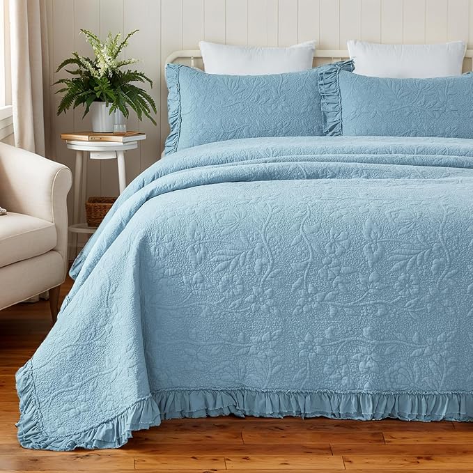 Brandream Luxury 100% Cotton Quilt Set King Size Blue Floral Vine Matelasse by Brandream