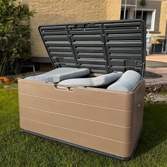 100 Gallon Plus Resin Deck Box, Waterproof Outdoor Storage Bin for Patio Furniture, Pool Accessories, and Garden Tools, Lockable & UV-Resistant, Brown-DeskoryOffice