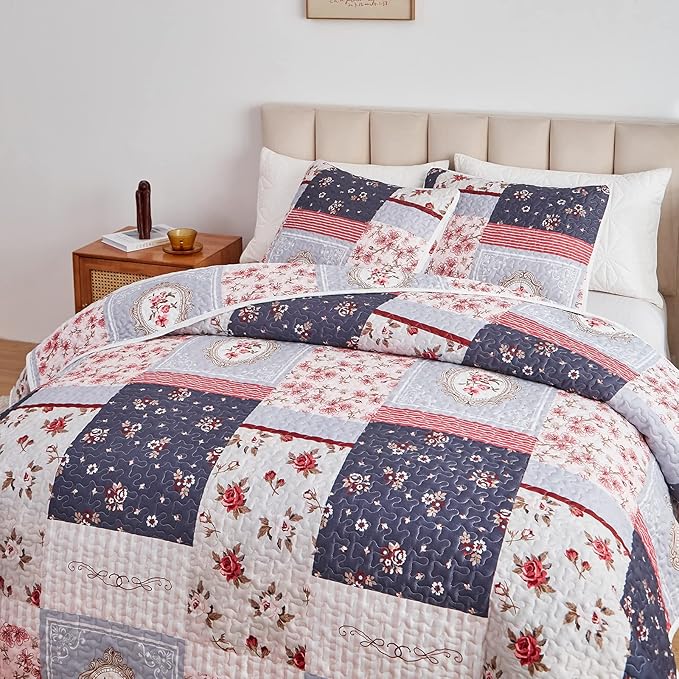 Patchwork Quilt Set Twin Size, 2 Pieces Pink Purple Floral Plaid Design Summer - Image 4