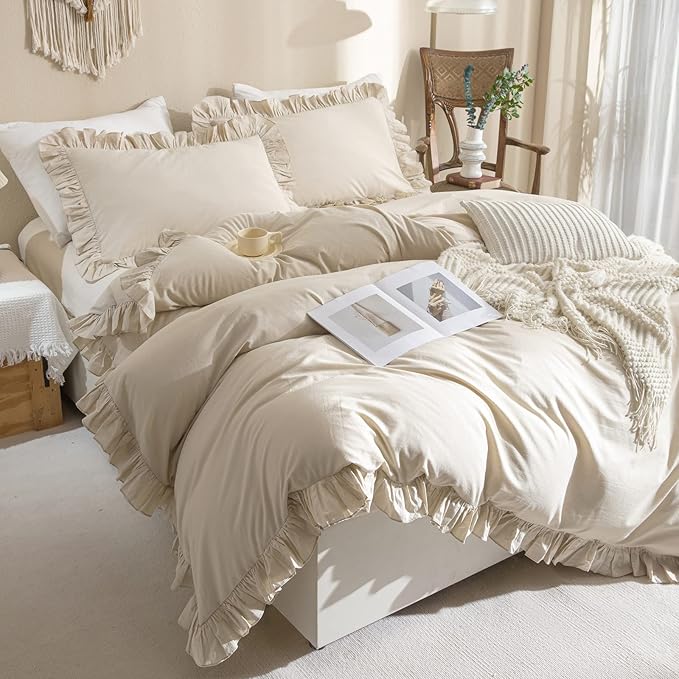 QSH Washed Cotton Queen Duvet Cover Set Ruffle Duvet Cover Linen Textured - Image 2