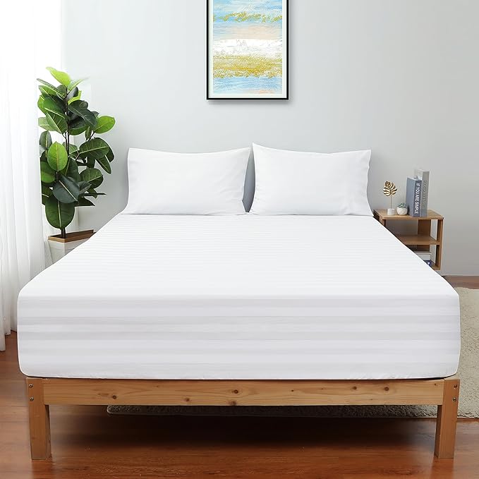 California King Size Striped Fitted Sheet Only White Color, 100% Egyptian by ShunjieHome