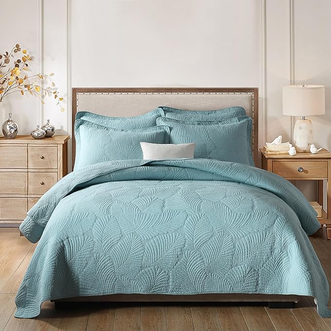 ROOMLIFE King Quilt Set Palm Leaves Pattern 3 PCS 100% Cotton Soft Breathable by ROOMLIFE