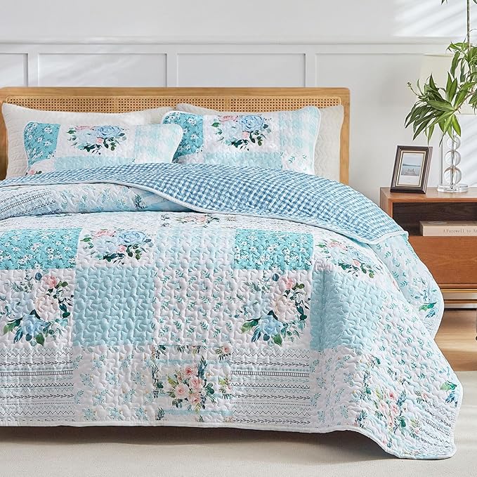 Joyreap 3 Pieces Floral Patchwork Quilt Set King, Soft n Cozy Microfiber Quilt - Image 3