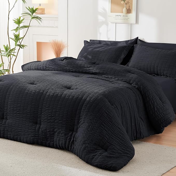HYMOKEGE Black Queen Comforter Set Seersucker 7 Pieces, All Season Luxury Bed - Image 8
