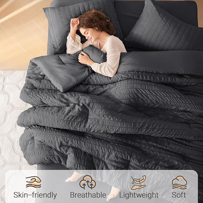 MUXHOMO 7 Pieces California King Comforter Set, Seersucker Bed in a Bag Cal - Image 2