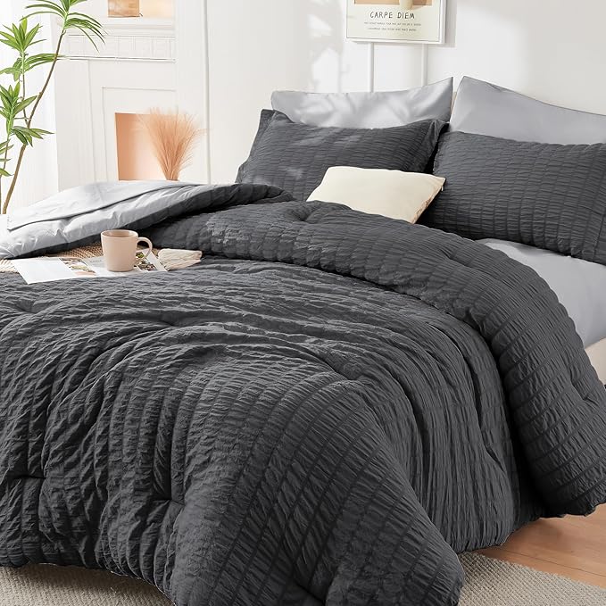 HYMOKEGE Dark Grey/Light Grey Queen Comforter Set Seersucker 7 Pieces, All by HYMOKEGE