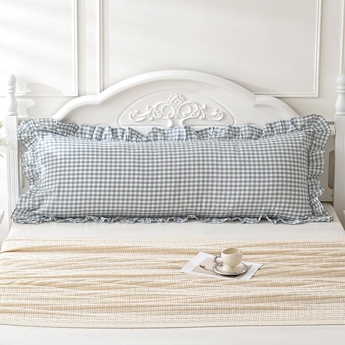 Blue White Plaid Ruffled Body Pillow Sham Washed Cotton Shabby Checkered - Image 2