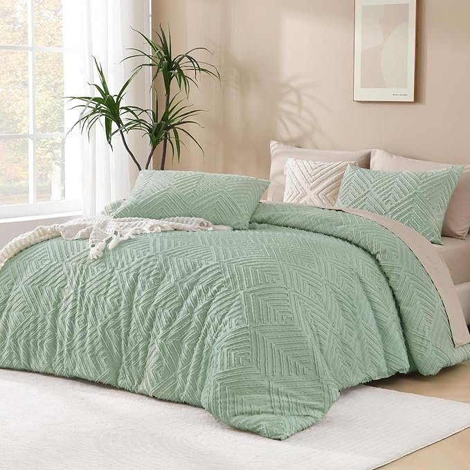 Andency Sage Green Boho Queen Comforter Set, Lightweight and Fluffy Bedding Set by Andency