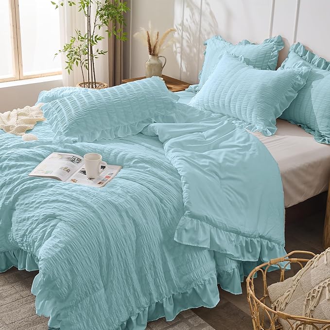 JOLLYVOGUE Light Blue Queen Comforter Set, 3 Pieces Seersucker Comforters Queen - Image 7
