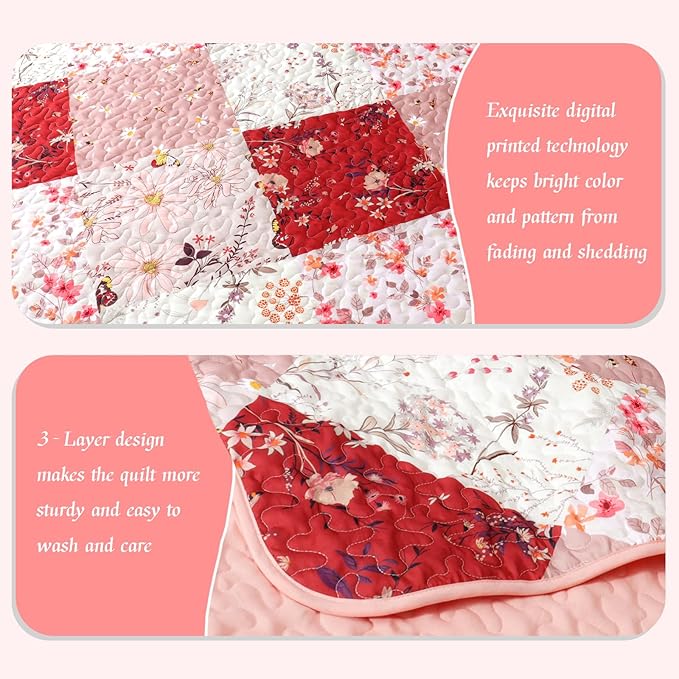 Whale Flotilla Patchwork Quilt Twin Size, Extra Soft Boho Floral Bedspreads - Image 5
