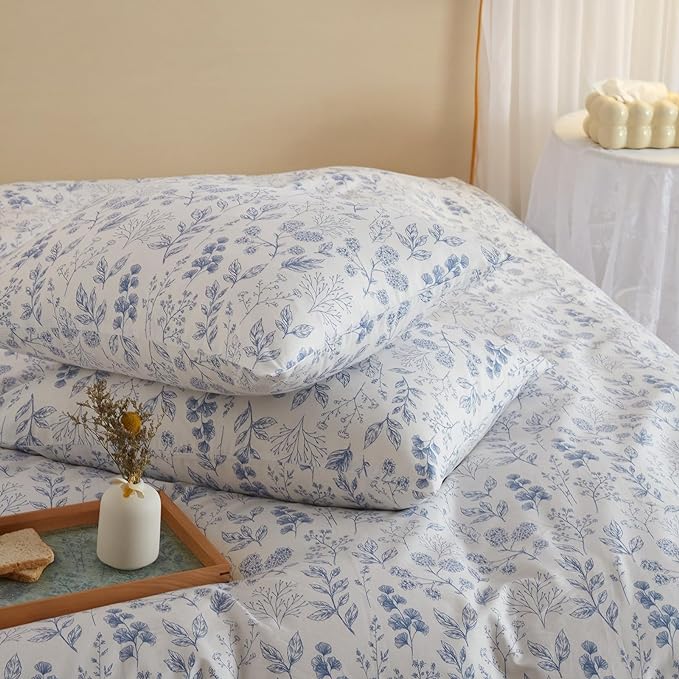 mixinni Garden Style Blue Flowers Leaves Duvet Cover King Size Soft Cotton - Image 7