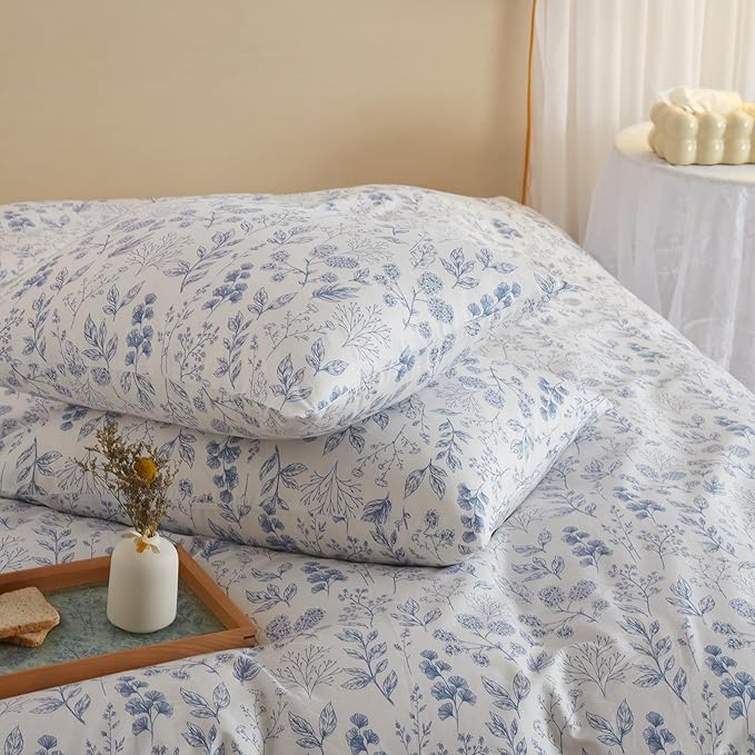 mixinni Blue Flower Duvet Cover Full Leaves Pattern 100% Cotton Full Size - Image 7