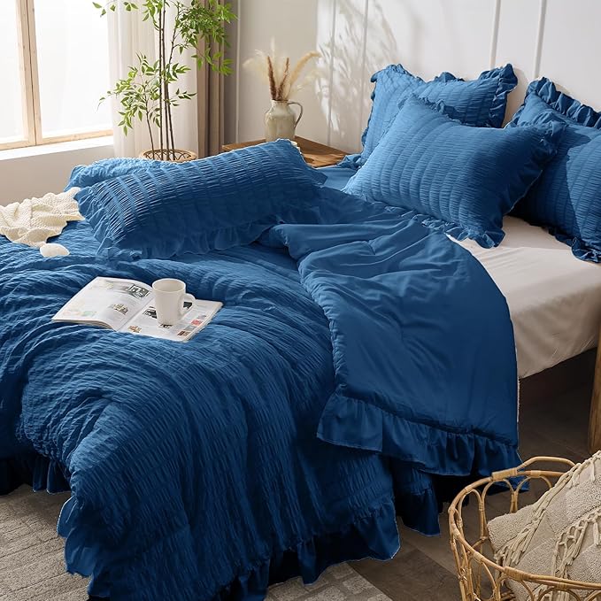 JOLLYVOGUE Teal Queen Comforter Set, 3 Pieces Seersucker Comforters Queen Size - Image 7