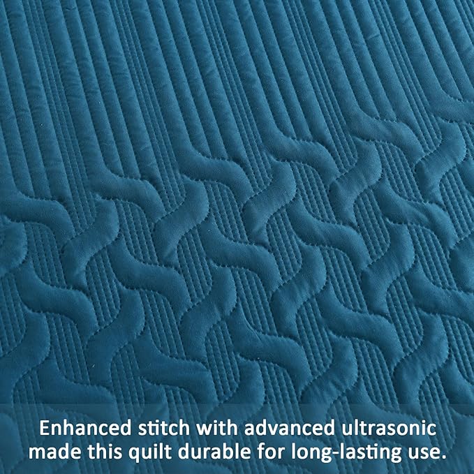 Yiran Teal Blue Quilt Set Queen Size Lightweight Bedspread Ultrasonic Wave - Image 5
