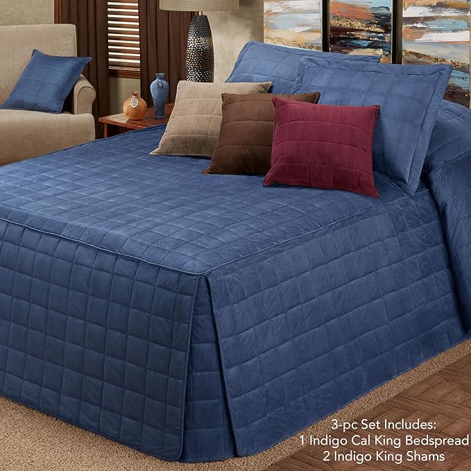 Touch of Class Camden Luxury Bedding | Warm Indigo Color | Grande Fitted Bedspread | Faux Suede Box Quilted Design | Designed 3 Piece Set Includes Cal King Bedspread and 2 King Shams