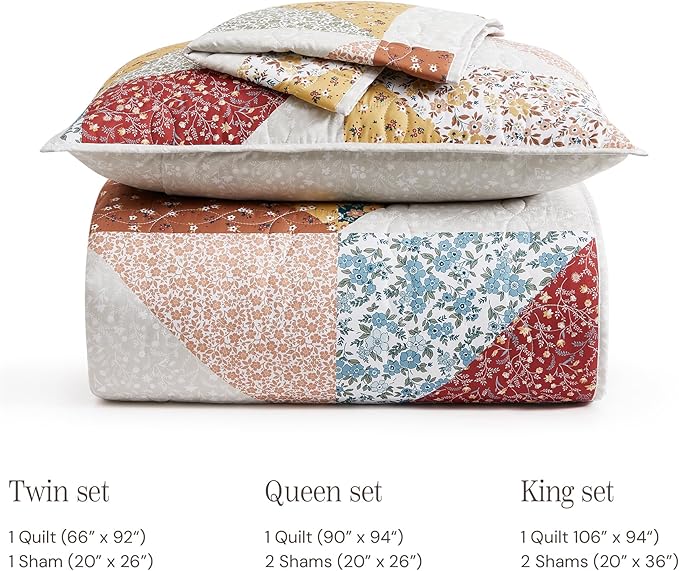BLOOMHAVEN Quilt Set King Size, Patchwork Burnt Orange Floral Quilt Sets - Image 8