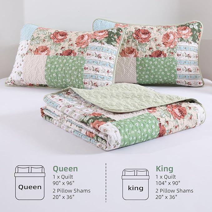 Anibedding 3 Pieces Green Patchwork Quilt Set Queen Size, Bohemian Red Flower - Image 7