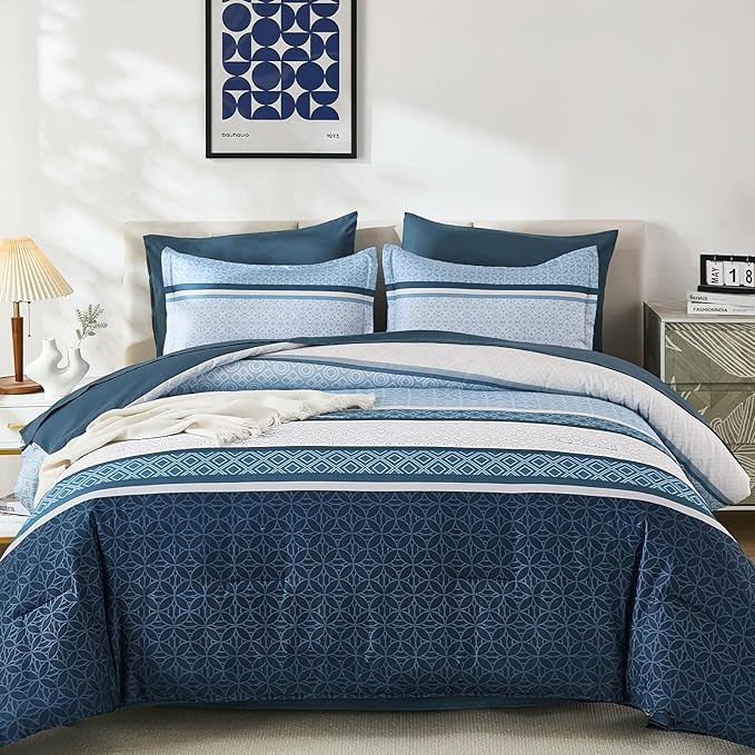 WONGS BEDDING Navy Blue Queen Comforter Set 7 Pieces, Boho Striped Bed in a Bag - Image 8