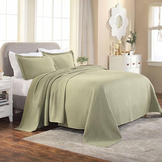 Superior 3 Piece Basketweave Cotton Bedspread Set, Home Bed Decor, Decorative Bed Spread, 2 Pillow Shams, Medium Weight Blanket, Matelasse Coverlet Bedding, Geometric Lattice Pattern, Queen, Sage