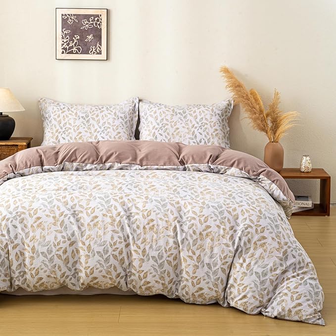 OAITE Brown Leaves Queen Size Duvet Cover-3 Pieces Prewashed Cotton-Like by OAITE