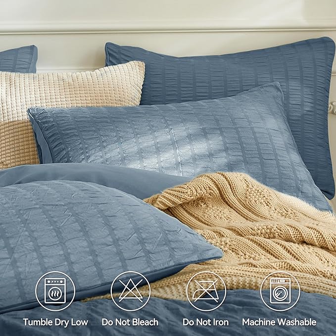 JELLYMONI Sierra Blue Duvet Cover Queen Size, Soft Breathable Seersucker Duvet - Image 4