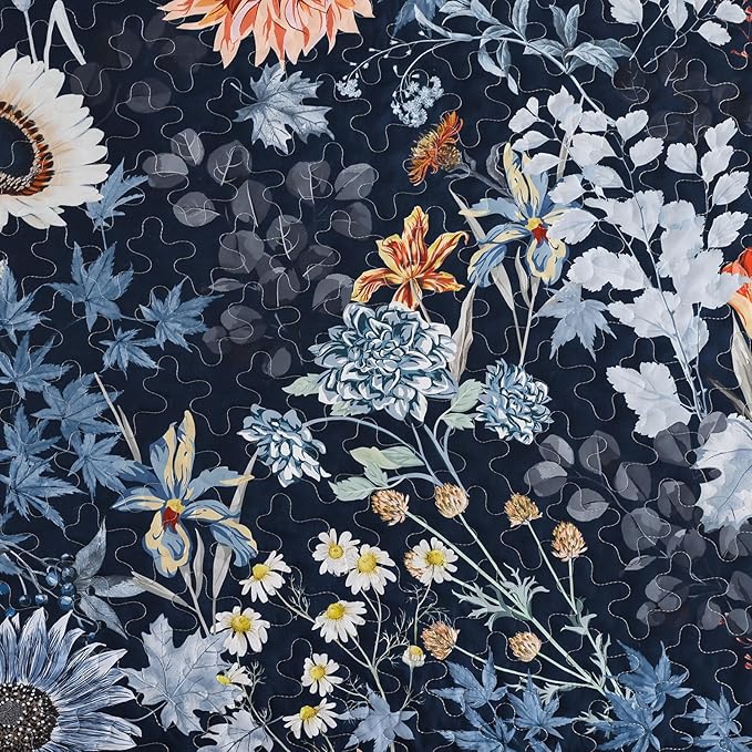 Yiran Navy Blue Sunflower Floral Quilts Queen Size, Botanical Fall Bedspread - Image 5