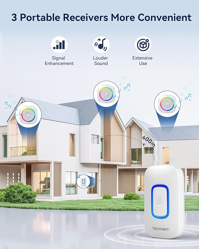 TECKNET Wireless Doorbell with 3 Portable Doorbells with RGB Light, Battery - Image 2