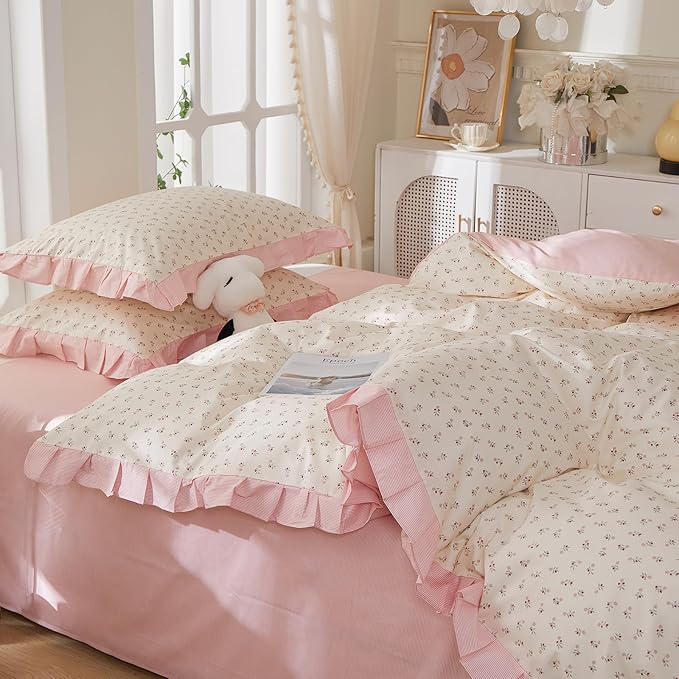mixinni Pink Floral Duvet Cover Set King Size – 100% Cotton Ruffle Lace Bedding - Image 7