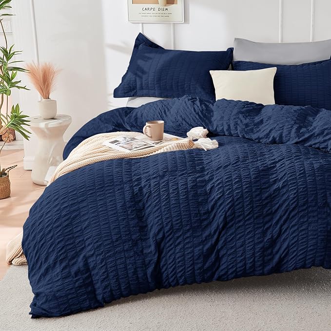 HYMOKEGE Navy Blue/Light Grey Duvet Cover Queen Size, Ultra Soft 3-Piece by HYMOKEGE