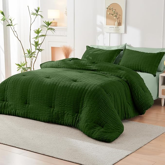 HYMOKEGE Dark Green/Sage Green Full Size Comforter Sets Seersucker 7 Pieces - Image 8