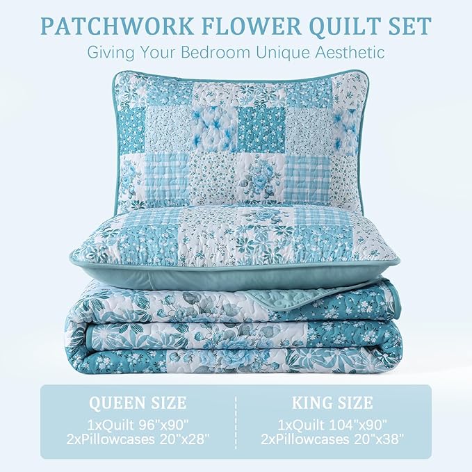 Mybedsoul Blue Patchwork Queen Size Quilt, Soft Boho Floral Spring Bedspreads - Image 7