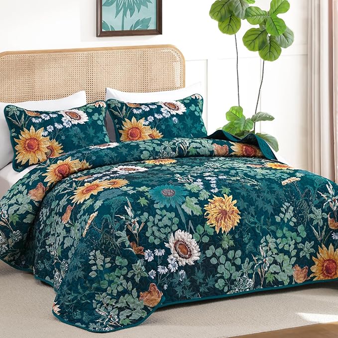 Yiran Peacock Green King Size Quilt, Sunflower Floral Bedspreads Bedding Set - Image 2