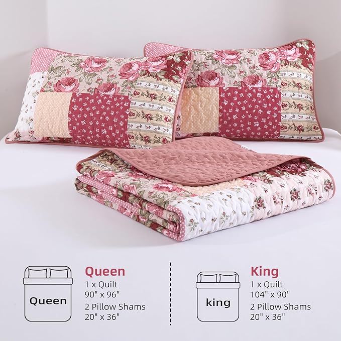 Anibedding 3Pieces Patchwork Quilts King Size, Bohemian Red Flower Plaid - Image 7