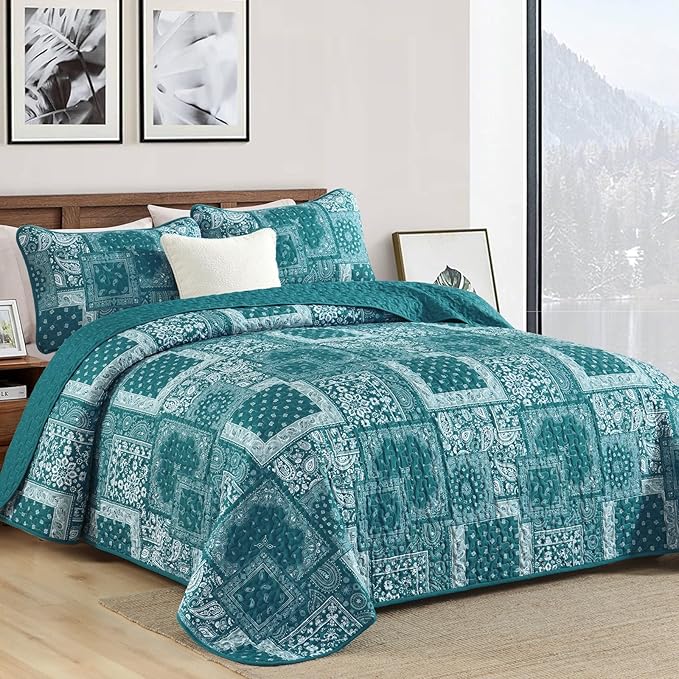 Cottolester Teal Patchwork Quilt Set King Size, 3 Pieces Boho Paisley Quilt Set - Image 2