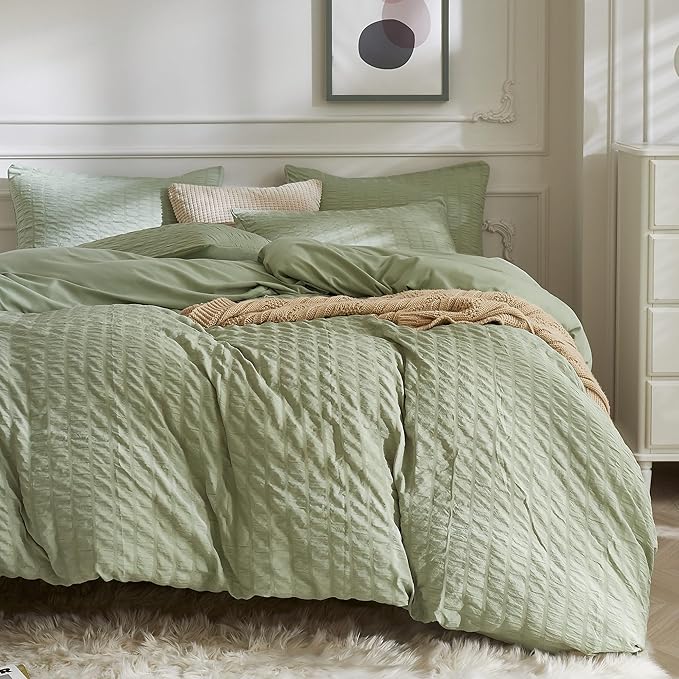 JELLYMONI Green Duvet Cover Oversized Queen Size, Soft Breathable Seersucker by JELLYMONI