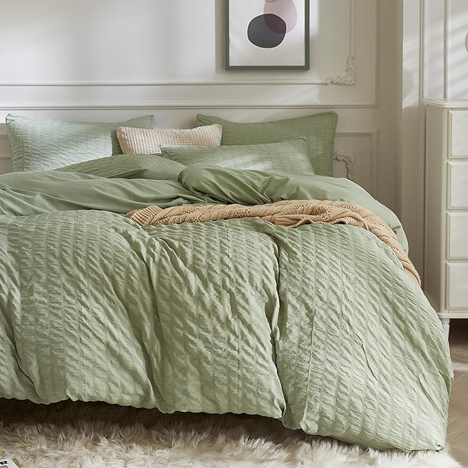 JELLYMONI Light Green Duvet Cover Full Size, Soft Breathable Seersucker Duvet by JELLYMONI