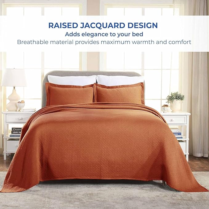 Superior 3 Piece Basketweave Cotton Bedspread Set, Home Bed Decor, Decorative Bed Spread, 2 Pillow Shams, Medium Weight Blanket, Matelasse Coverlet Bedding, Geometric Lattice Pattern, Queen, Mandarin