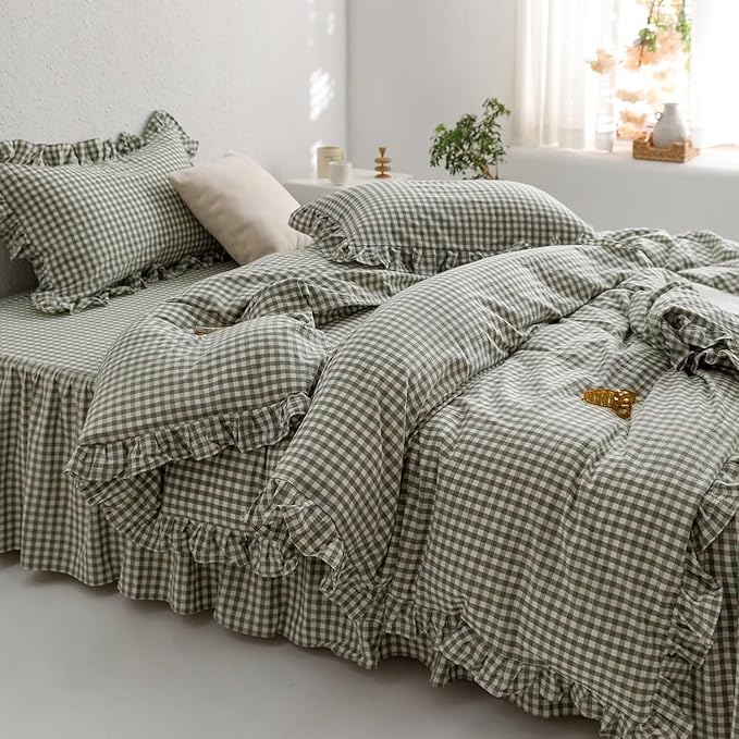 MKXI Sage Green Gingham Duvet Cover Twin, 3-Piece Ruffled Bedding Set - Image 3