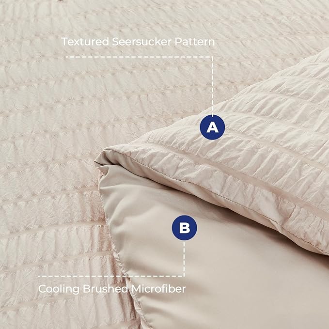HYMOKEGE Beige Duvet Cover Queen Size, Ultra Soft 3-Piece Seersucker Duvet - Image 4