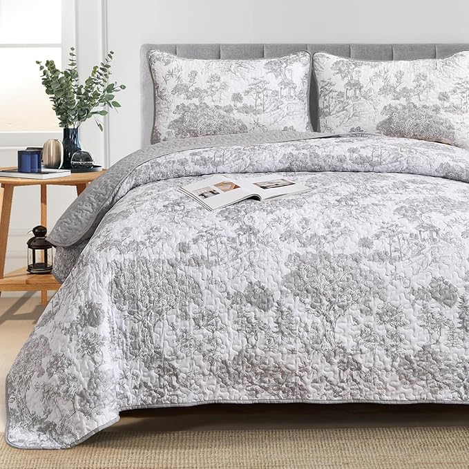 WONGS BEDDING Grey Quilt Set King Size, 3 Pieces Botanical Bedspreads Set - Image 7