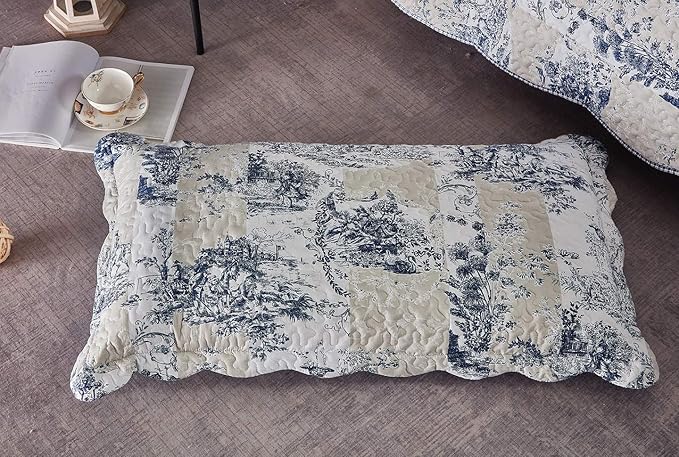 Brilliant Sunshine Blue Toile in Beige and Ivory Patches, 3-Piece Quilt Set - Image 4