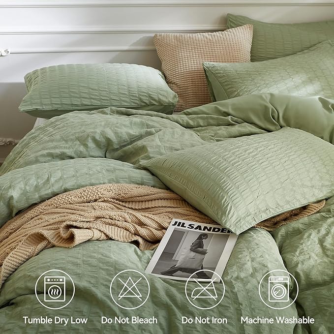 JELLYMONI Green Duvet Cover Oversized Queen Size, Soft Breathable Seersucker - Image 5