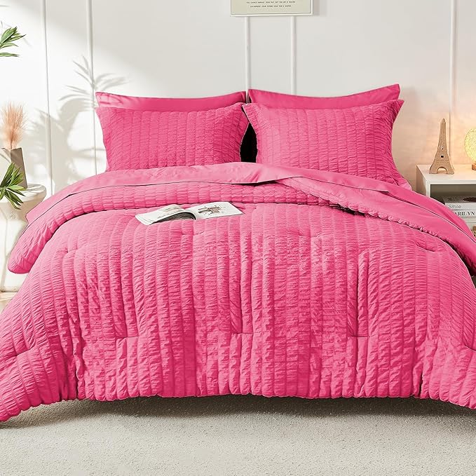 HYMOKEGE Hot Pink King Size Comforter Set Seersucker 7 Pieces, All Season - Image 9