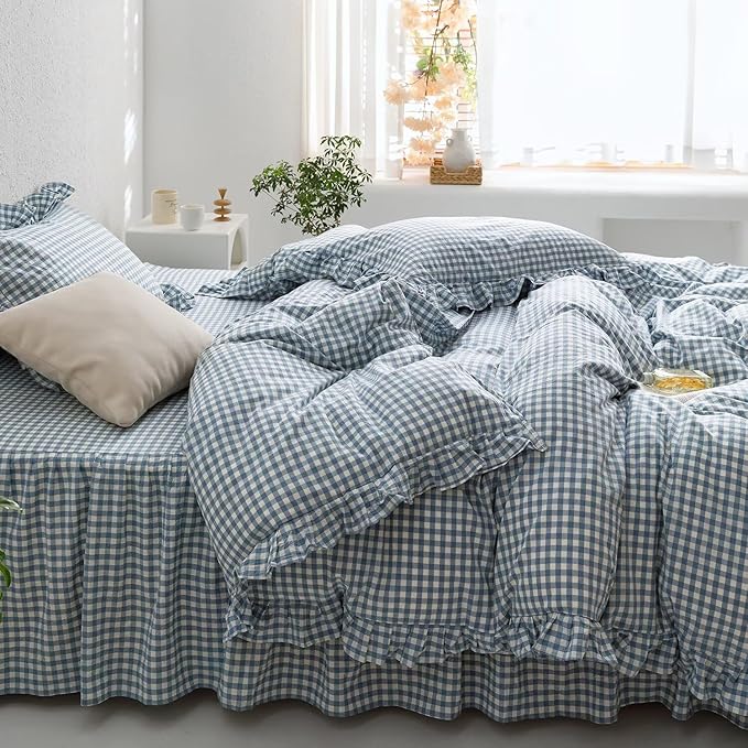 MKXI Blue and White Gingham Duvet Cover Full Size, 3-Piece Bedding Set - Image 5