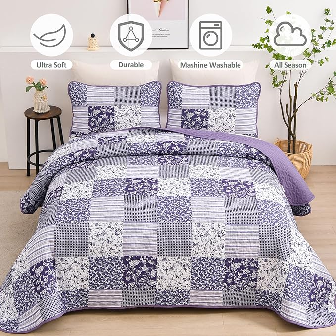 Mybedsoul Purple Quilt Set King Size Quilt Bedding Set Brown Plaid, 3 Pieces - Image 3