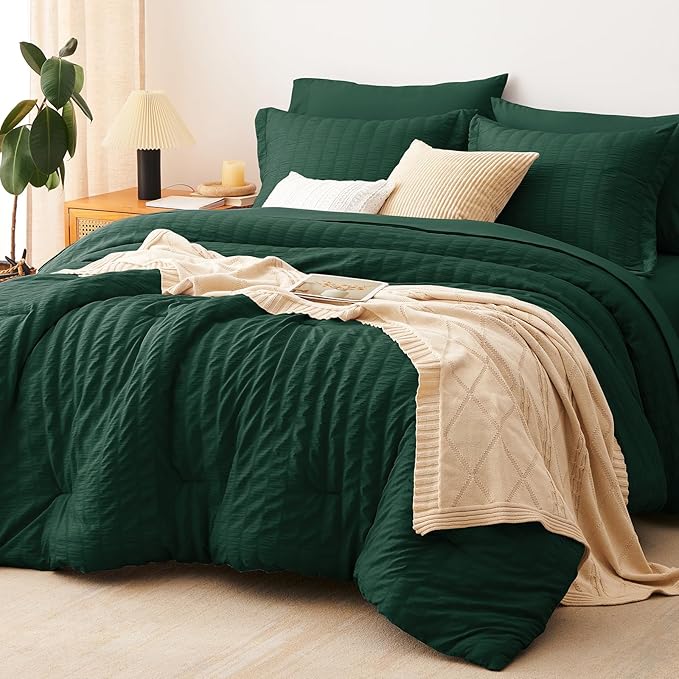 CozyLux Oversized Queen Comforter Set Emerald Green Seersucker 7 Pieces 98x98 by CozyLux