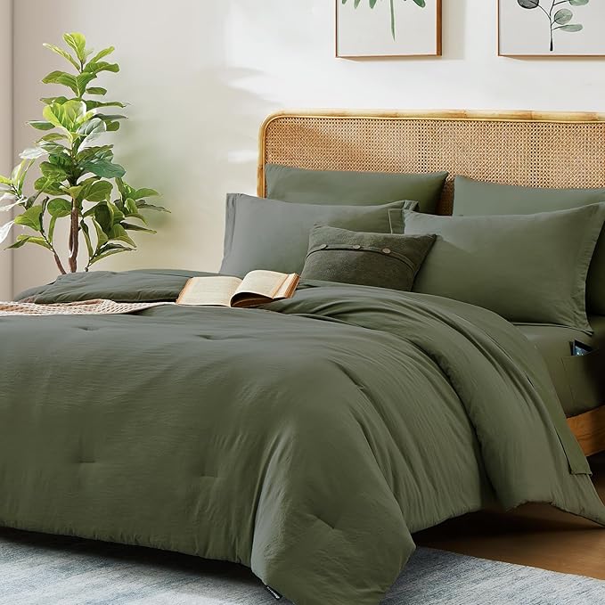WRENSONGE King Size Comforter Set- 7 Pieces Soft Olive Green Bed in a Bag King - Image 2