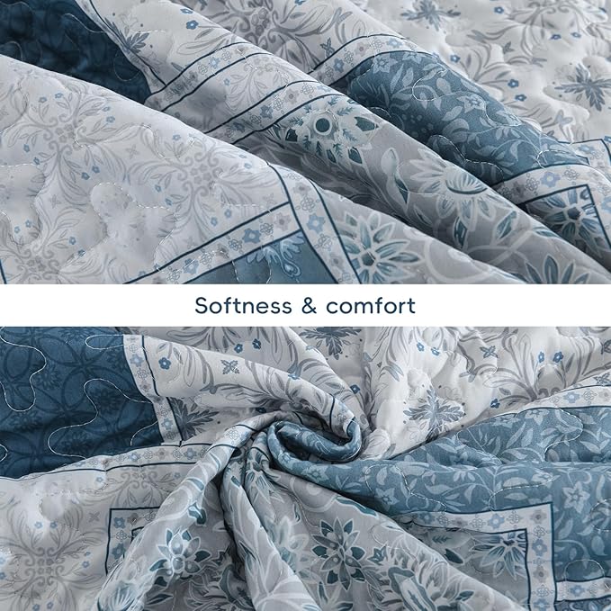 Xruibed Blue Boho Quilt Set King Size, 3 Pieces Plaid Floral Bedspread Coverlet - Image 8